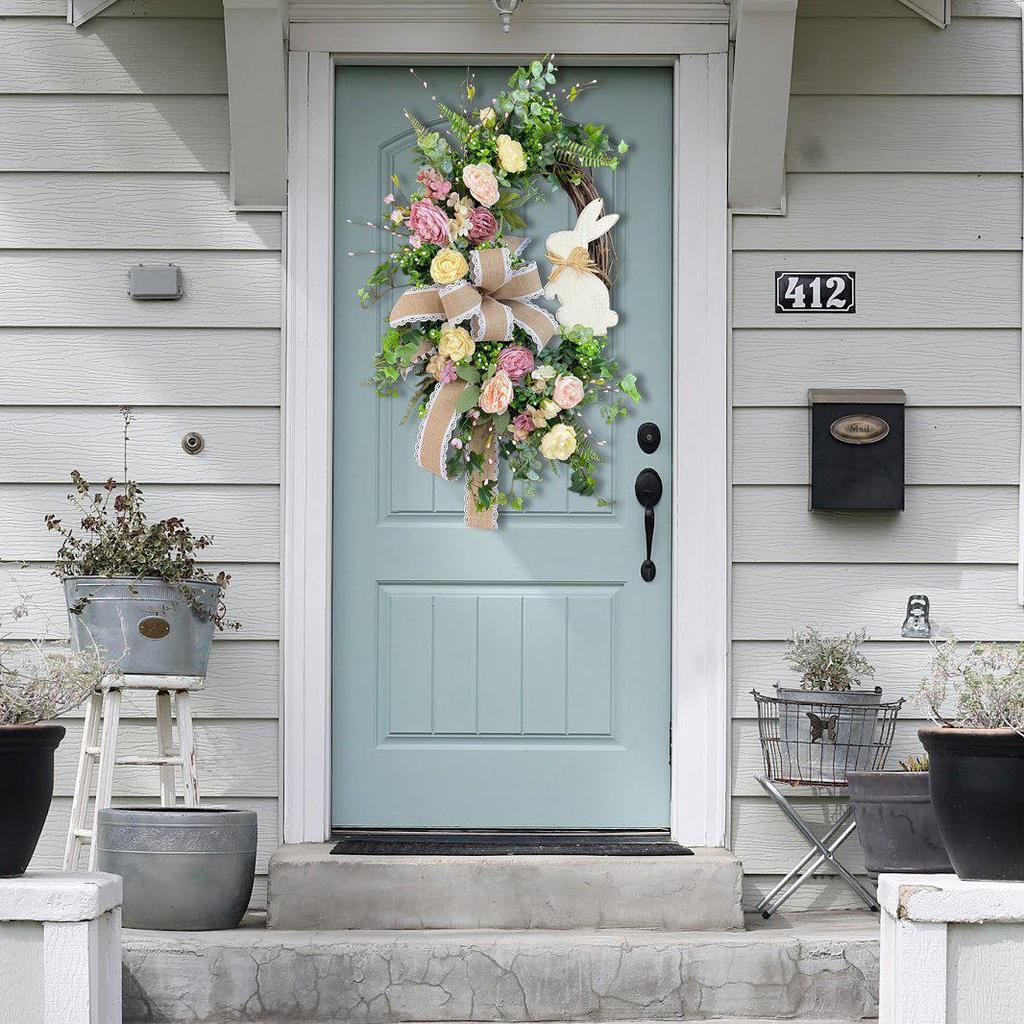 New Easter Wreath with Green Plants, Bowknot, and Rabbit Wall Decor