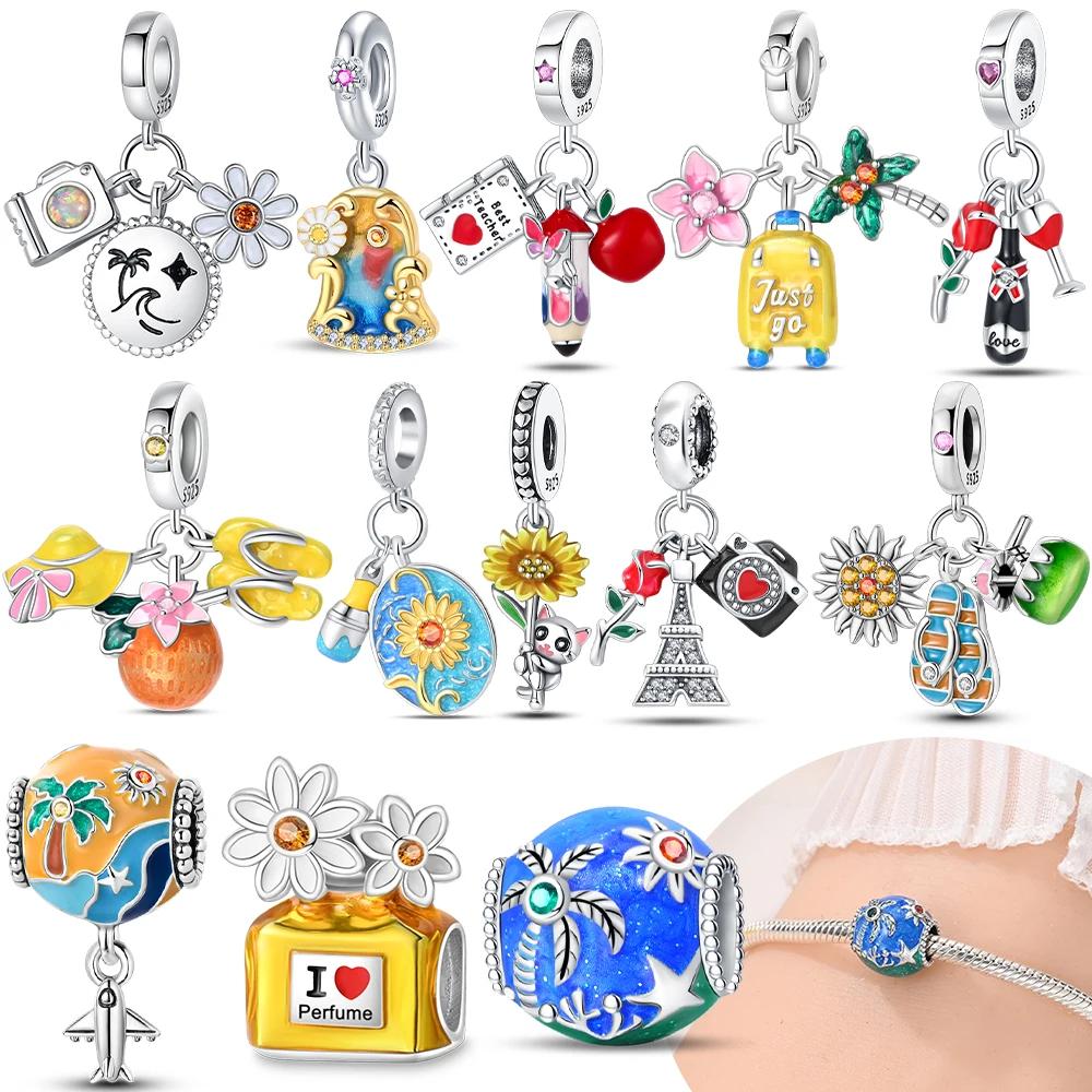 Exquisite Charms Copper Original Yellow Sunflowers Coconut Trees Roses Beads Fit Bracelet Women Jewelry Necklace Diy Gifts