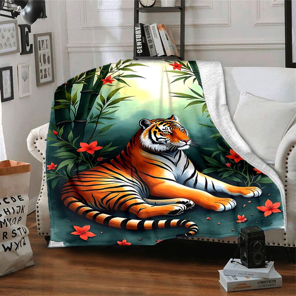 1pc Bamboo Forest Tiger Blanket - Lightweight Flannel Fleece with Digital Printing, Soft Warm for Sofa, Travel, Camping, Office Yy251018316