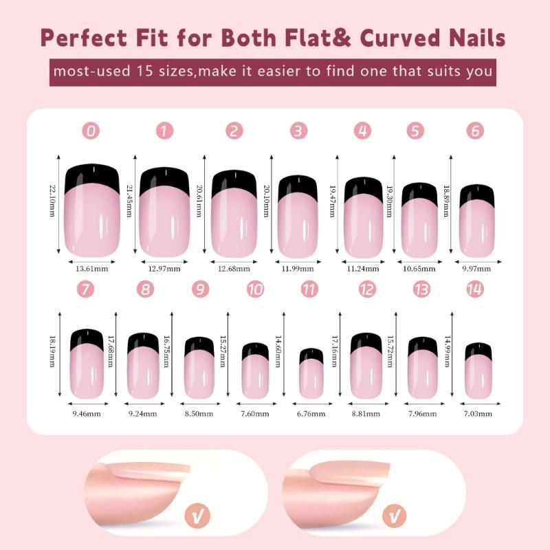 150Pcs Black French Tip Gel Nail Tips Short Coffin Shape Press on Nails Short for Women False Nails 15 Sizes