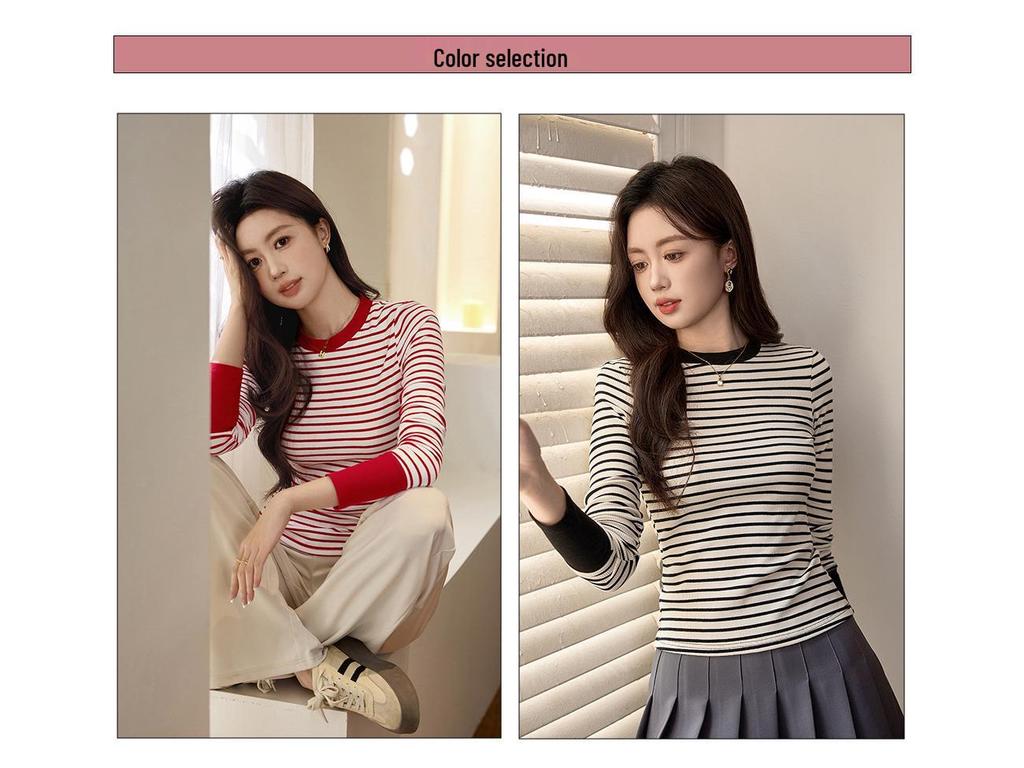 Premium Color Block Gestreiftes T-Shirt: Damen Langarm Oberteil aus reiner Baumwolle für die Herbst-/Wintermode 2025
