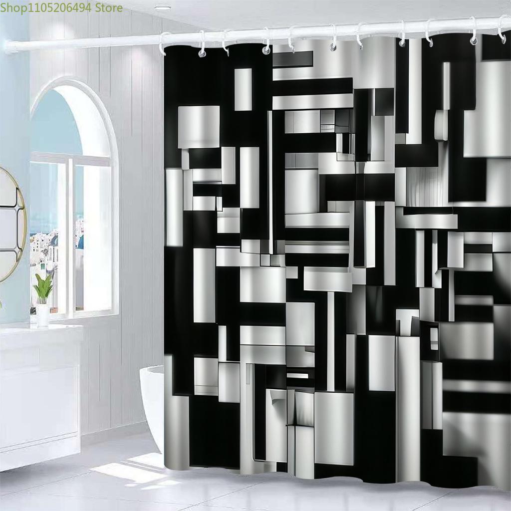 Modern Black and White Geometric Waterproof Mildew-Resistant Shower Curtain - Abstract Design for a Stylish Bathroom Décor
