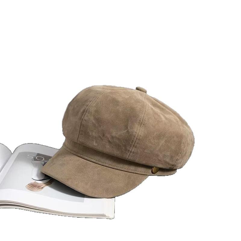 Japanese Brown Beret Female Autumn Leather Art Painter Hat Retro Newsboy Hat Slim British Octagonal Hat