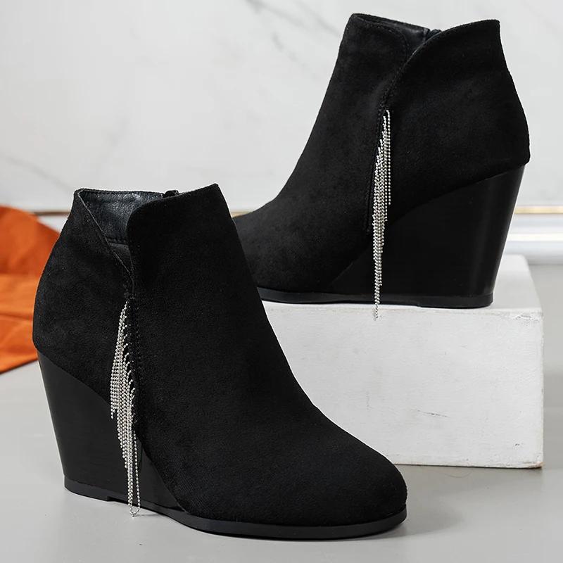 Fashion High Heels Women Suede Snow Ankle Boots Wedges Beaded Designer Sexy Retro Shoes Women New 2025 Trend Winter Goth Gladiator Boots