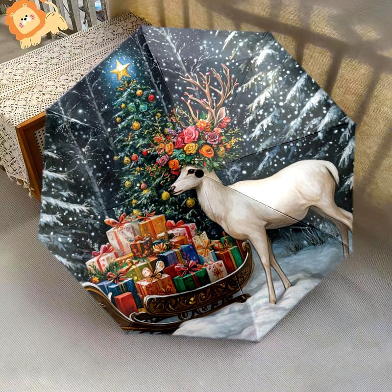 1 PC Automatic Folding Umbrella - Deer with Presents Pattern, Portable & Foldable Design with 8 Ribs, Christmas Birthday Gifts