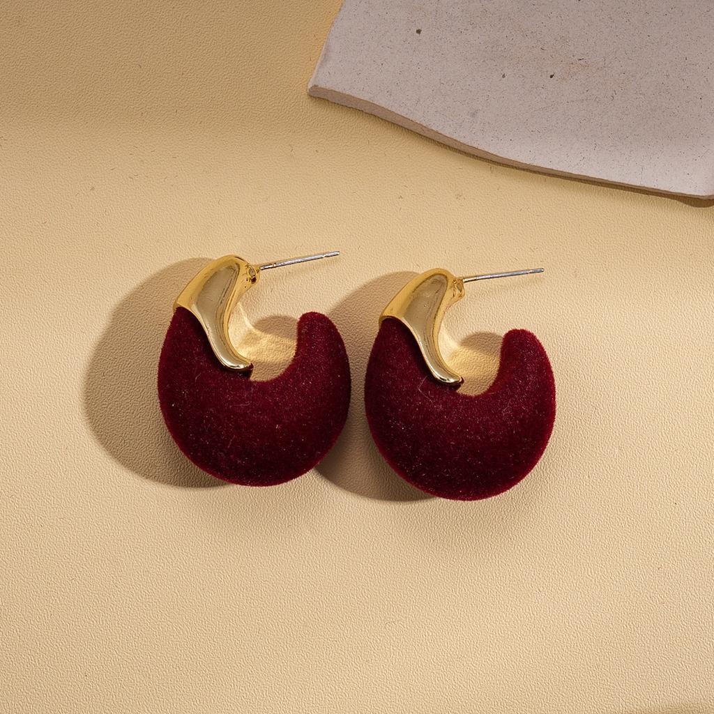 Wind Flocking Geometric Square Round Silver Needle Earrings Ankola Red Autumn and Winter Earrings