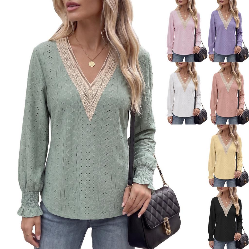 Fall Winter New Solid Color V-Neck Lace Splicing Loose Long Sleeve T-Shirt Top for Amazon EU US Cross-border Trade