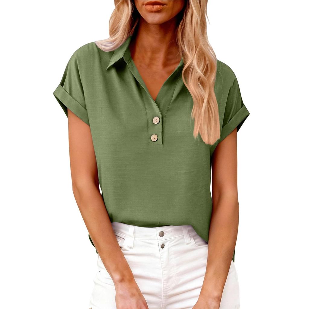 Women's Fashion Casual ,Colour Button,Down Collar Short,Sleeved Shirt T,Shirt Top