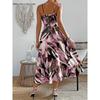 Summer Women's Printed Tie Halter Neck Sleeveless Waist Cinched Long Dress, European American Style Casual Dress