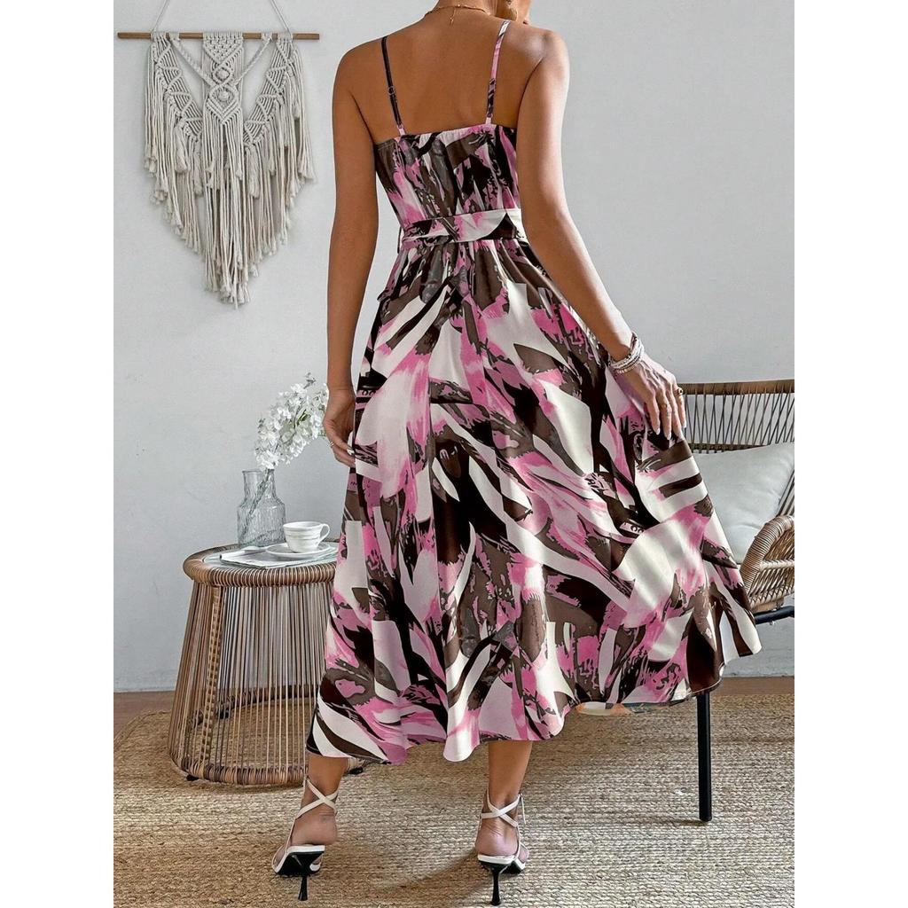 Summer Women's Printed Tie Halter Neck Sleeveless Waist Cinched Long Dress, European American Style Casual Dress