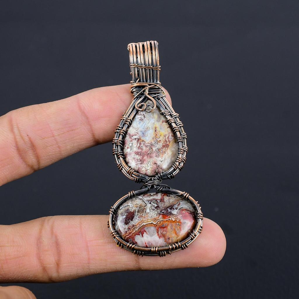 Laguna Lace Agate Pendant, Gemstone Jewelry 999 Copper Wire Wrapped Pendant, Gift For Women Handmade Pendant