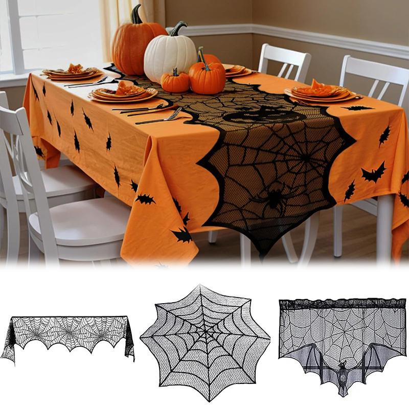Spooky Halloween Table Runner Black Lace Spider Web Design Tablecloth Fireplace Scarf Haunted House Decor Party Decoration
