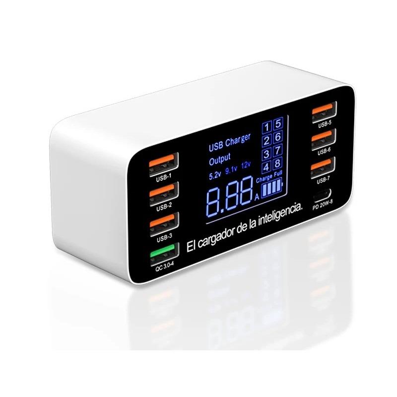 

8 портов быстрой зарядки USB зарядное устройство QC3.0 быстрая зарядка тип C интеллектуальная зарядная станция ЖК-цифровой дисплей USB мультипорт для телефона 60W-EU Plug белый