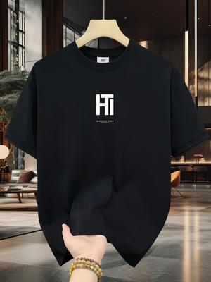 Summer Unisexs 100 Cotton Fashionable Casual Minimalist Geometric Letter HT Printed Loose Round Neck Short Sleeved TShirt