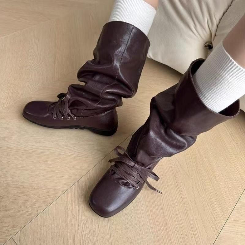 

Retro western stacking boots women s new lace-up medium boots big tube circumference square head flat bottom pleated calf women s boots 40 бордовий
