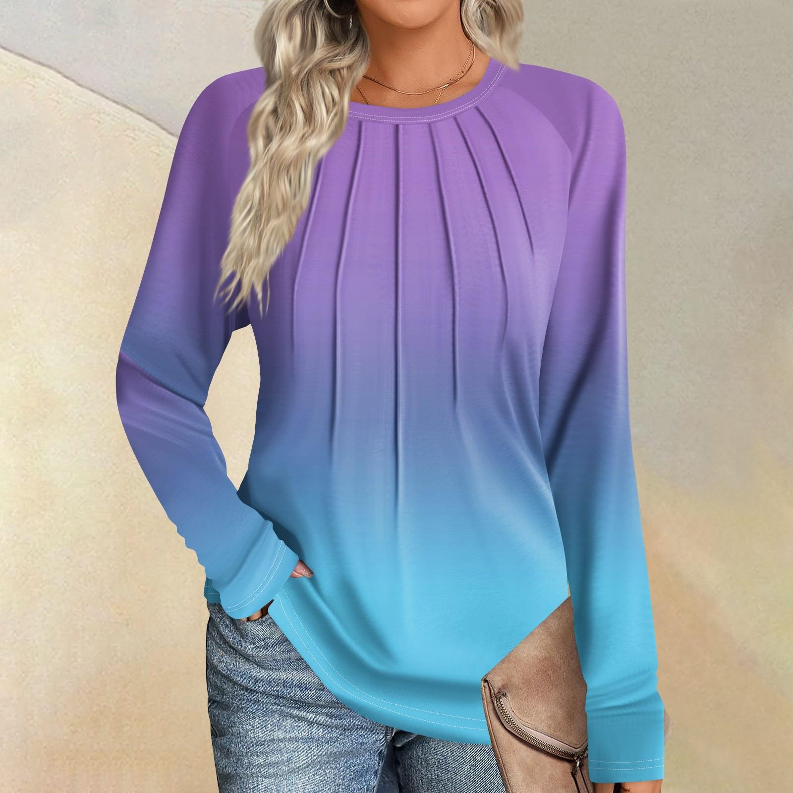 

Жіночий модний повсякденний топ з довгим рукавом і круглим вирізом градієнтного кольору XL світло-фіолетового кольору