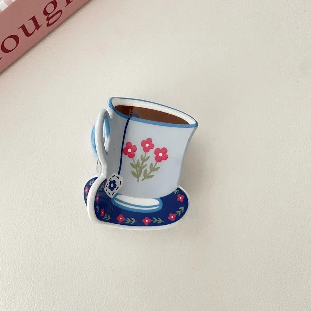 Sweet Cute Pastoral Flower Print Cup Shark Hairpin For Women Girls Creative Coffee Cup Shape Hair Clip Claw Hair Accessories