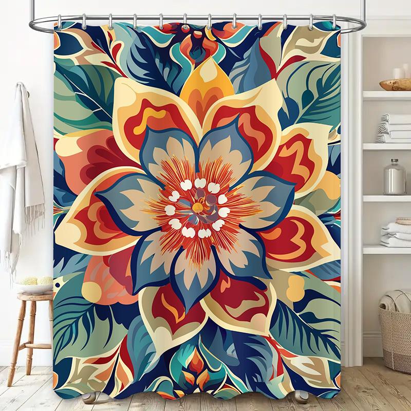 Multicolored Floral Shower Curtain Modern Bath Decor, Waterproof Fabric Home Bathroom Decoration Red, Blue, Yellow Flowers Desig