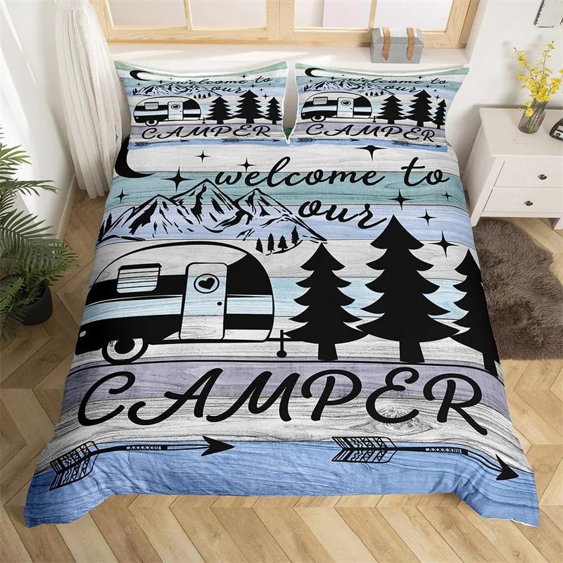 Happy Camping Duvet Cover Queen Full Twin King Camper Theme Comforter Cover With 2 Pillowcase Rustic Farmhouse Style Bedding Set