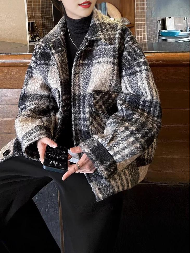 Unisex Retro Plaid Woolen Long-Sleeve Shirt Jacket for Autumn