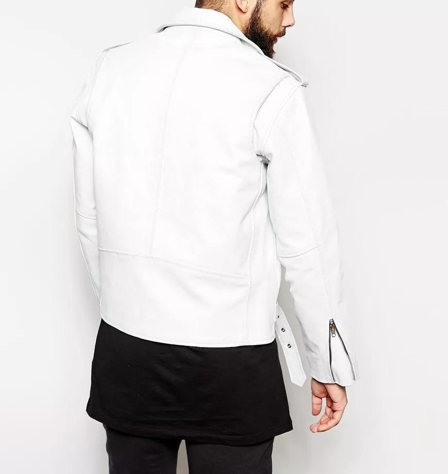 Men's Stylish White Jacket Lambskin Biker Motorcycle Leather Handmade Genuine
