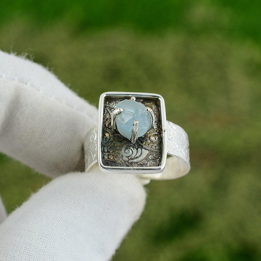 Natural Aquamarine Rough Gemstone Multi Stone Adjustable Ring 925 Silver