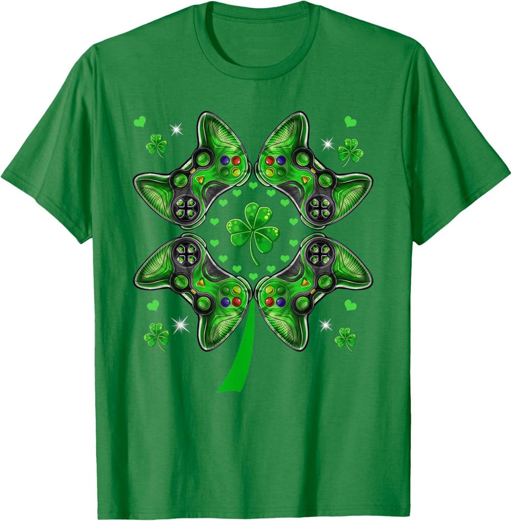 Gamer Controller Shamrock St Patricks Day Graphic Tee Soft Cotton T-Shirt Irish Gaming