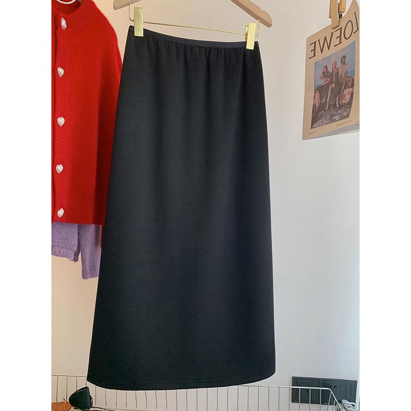 

2025 Plus Size Women s Elastic Waist Woolen A-line Skirt with Back Slit, Autumn Winter Slimming Design M чорний