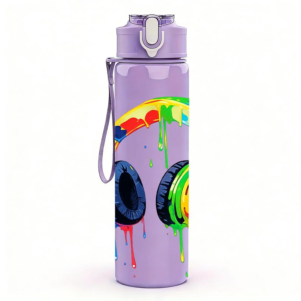 1PC Rainbow Color Over Ear Headphone Print 750ml Color Plastic Sports Water Bottle Leakproof Flip Straw Lid Suitable for Sports Office Home Use