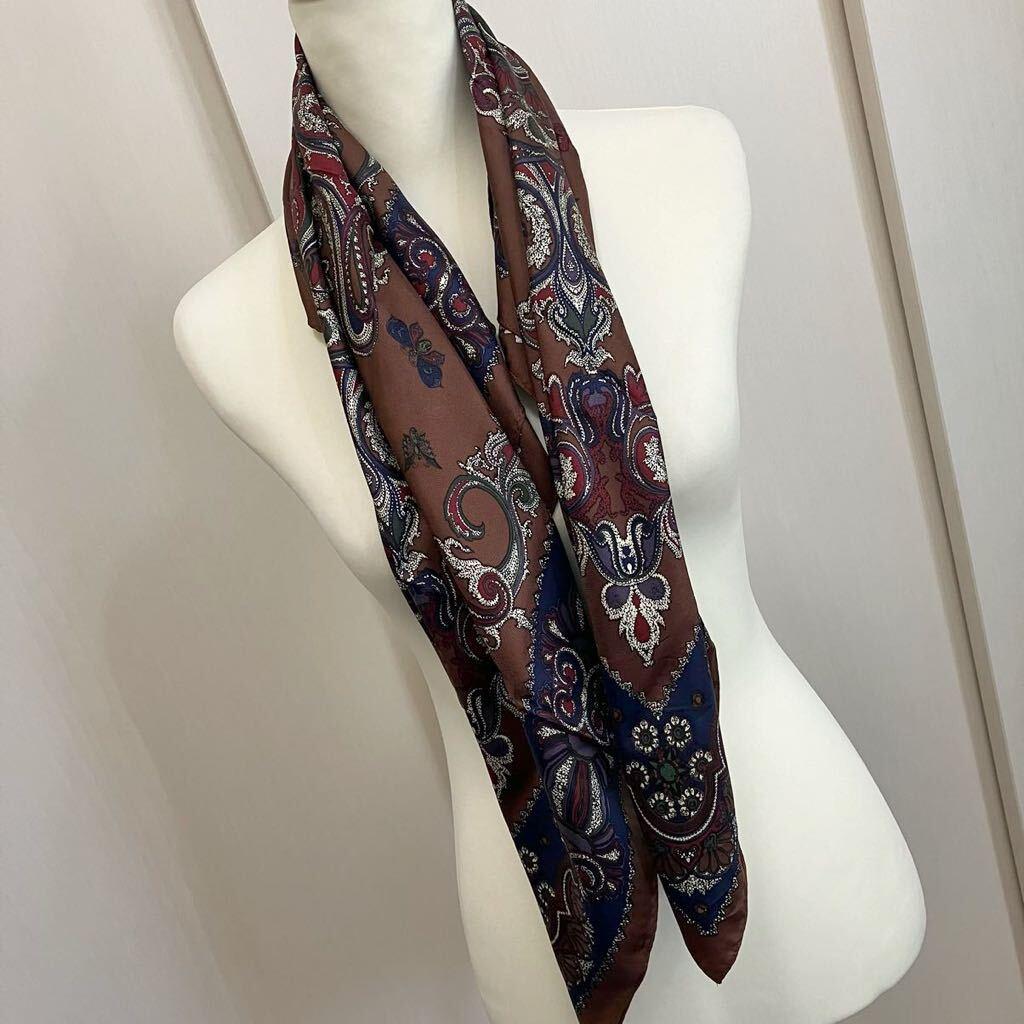 Used Scarf, silk scarf, 100% silk, large scarf, stole, shawl, all-over pattern, brown