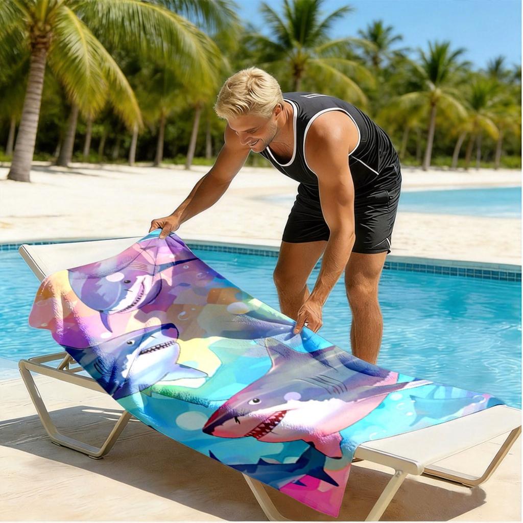 Watercolor shark print theme polyester microfiber beach towel is highly absorbent, suitable for swimming and beach outings