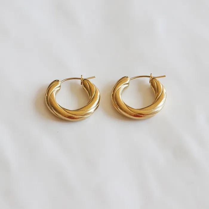 _FF92G Surgical Steel Gold Engraved Volume Ring Earrings