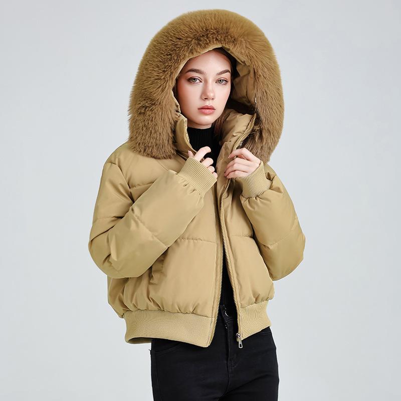 Big Fur Collar Hooded Short Cotton Clothes Women's Autumn and Winter New Thickened Warm Cotton Clothes Waist Design Jacket