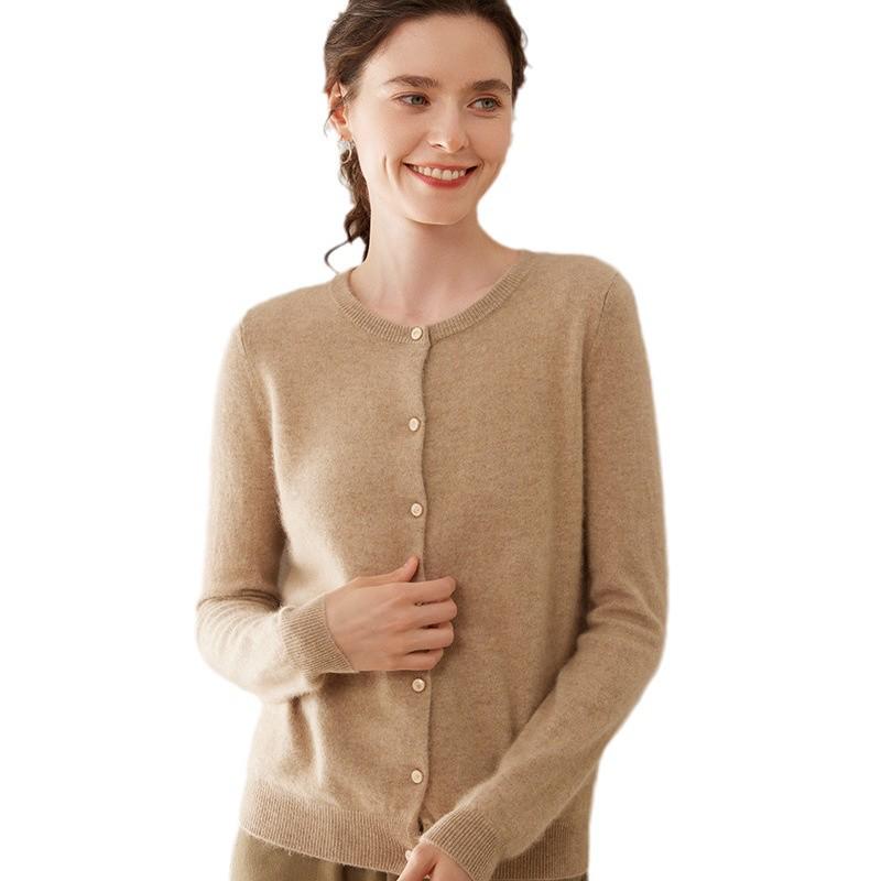Women's Round Neck Slimming Cashmere Cardigan - Autumn/Winter 2024 Collection, Solid Color Short Jacket