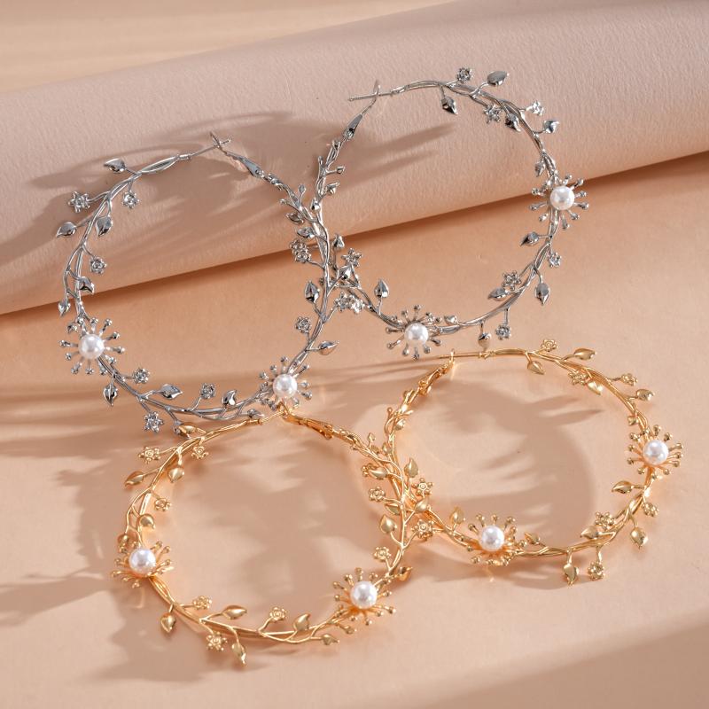 1 Pair Exaggerated Hoop Earrings For Women Leaf Flower Gold Color Big Circle Earrings Vintage Trend Women'S Jewelry Gift