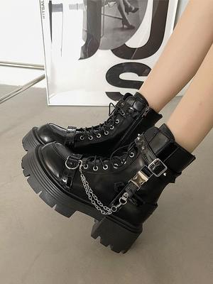 Women's 2025 Autumn Black Versatile Thick-Soled Motorcycle Ankle Boots with Height Boost - British Style Trend.