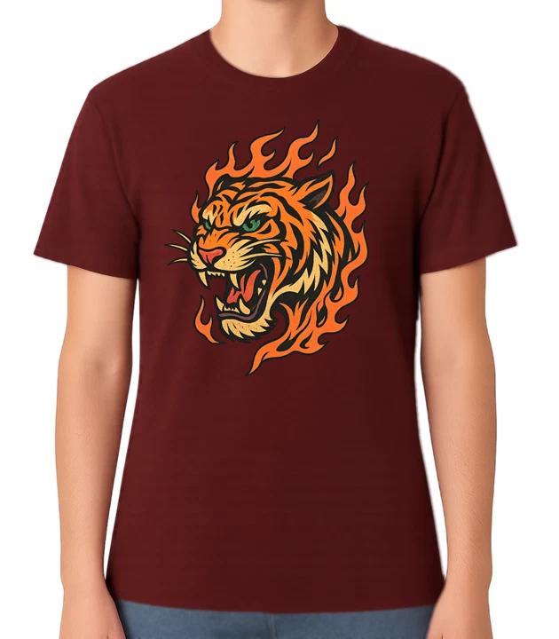 Flaming Tiger Head Unisex T-Shirt Fierce Fire Animal Graphic Tee L
