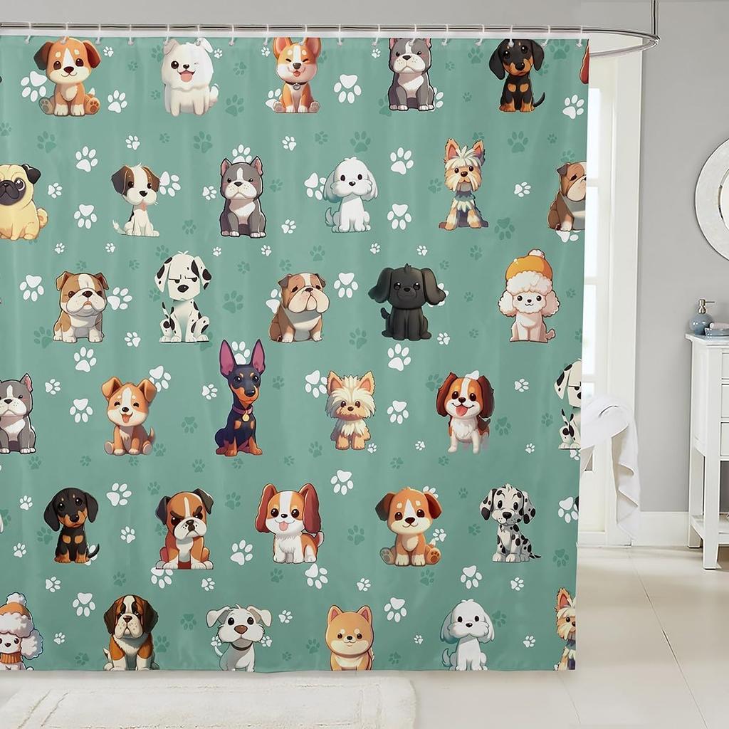 Cartoon Corgi Bathroom Curtain,Blossom Flower Green Leaves Shower Curtain Kids Girls Bathroom Decor,Cute Dog Nature Botanical