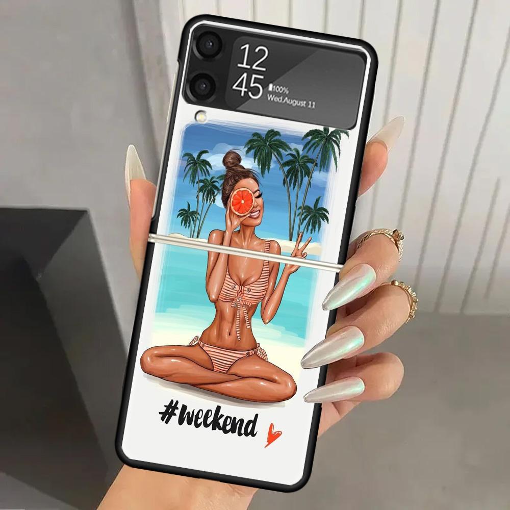 Girl Flamingo Summer Beach Hard PC Phone Case For Samsung Galaxy Z Flip 6 5 4 3 Black Cover ZFlip6 Flip5 Flip4 5G Foldable Print