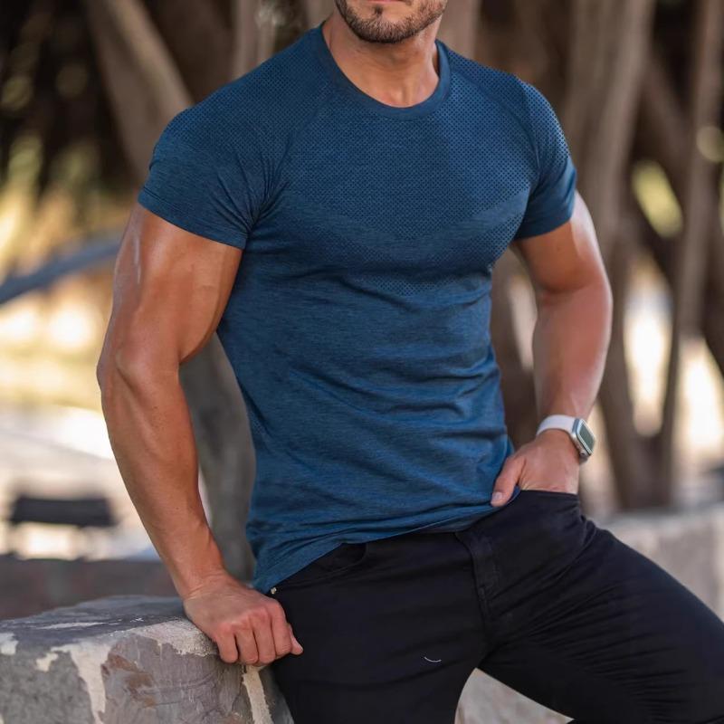 

Men Summer New Arrival Athletic Workout Casual Stretch Cationic Fabric Crew Neck Short Sleeve T Shirt S синій