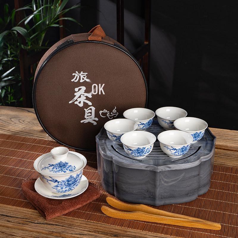 Portable Ceramic Kung Fu Tea Set with Tray, Cups, Teapot, and Lid Bowl