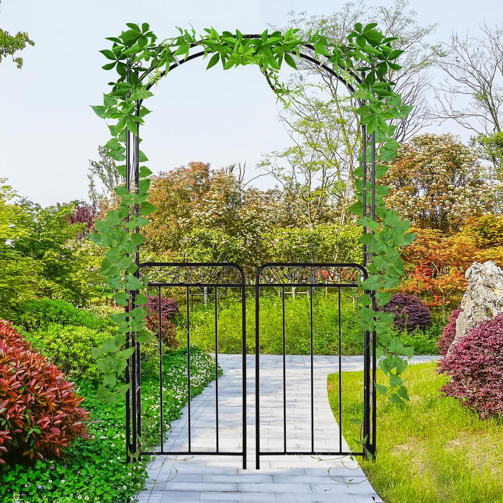 Garden Decorative Metal Arch with Gate Outdoor Patio Trellis Arbor for Climbing Plant Archway Antique Black - 108L X 45W X 215Hcm