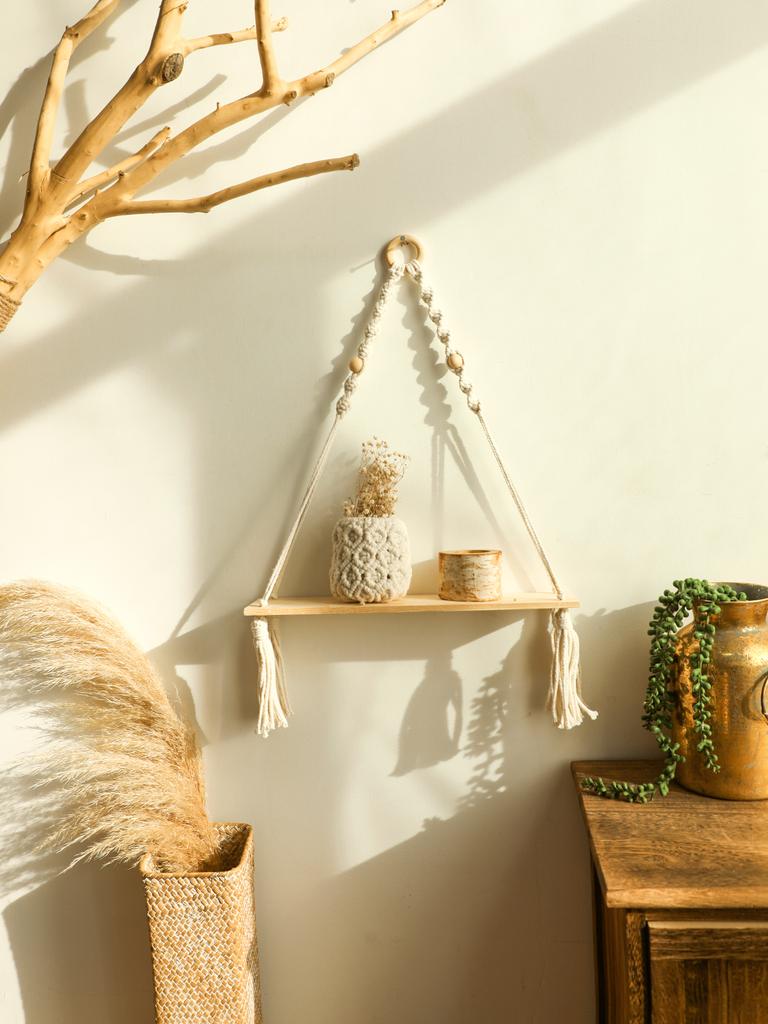 Wood Wall Shelf Macrame Floating Wall Shelf Hanging Shelves Plant Corner Holder Display Stand Room Decor Boho Home Decoration