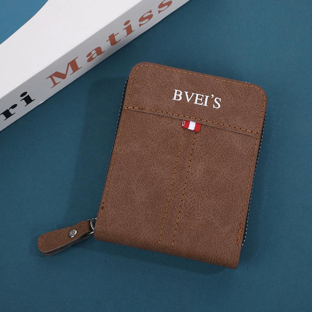 Men's Short Wallet Card Holder Zipper 3 Fold Purse Leather Money Clip Retro Casual Buckle Square Bag