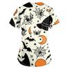 Women's Halloween Print Loose Fit V Neck Short Sleeve Medical Scrub Top Nurse Uniform Work Shirt with Pockets for Caregivers