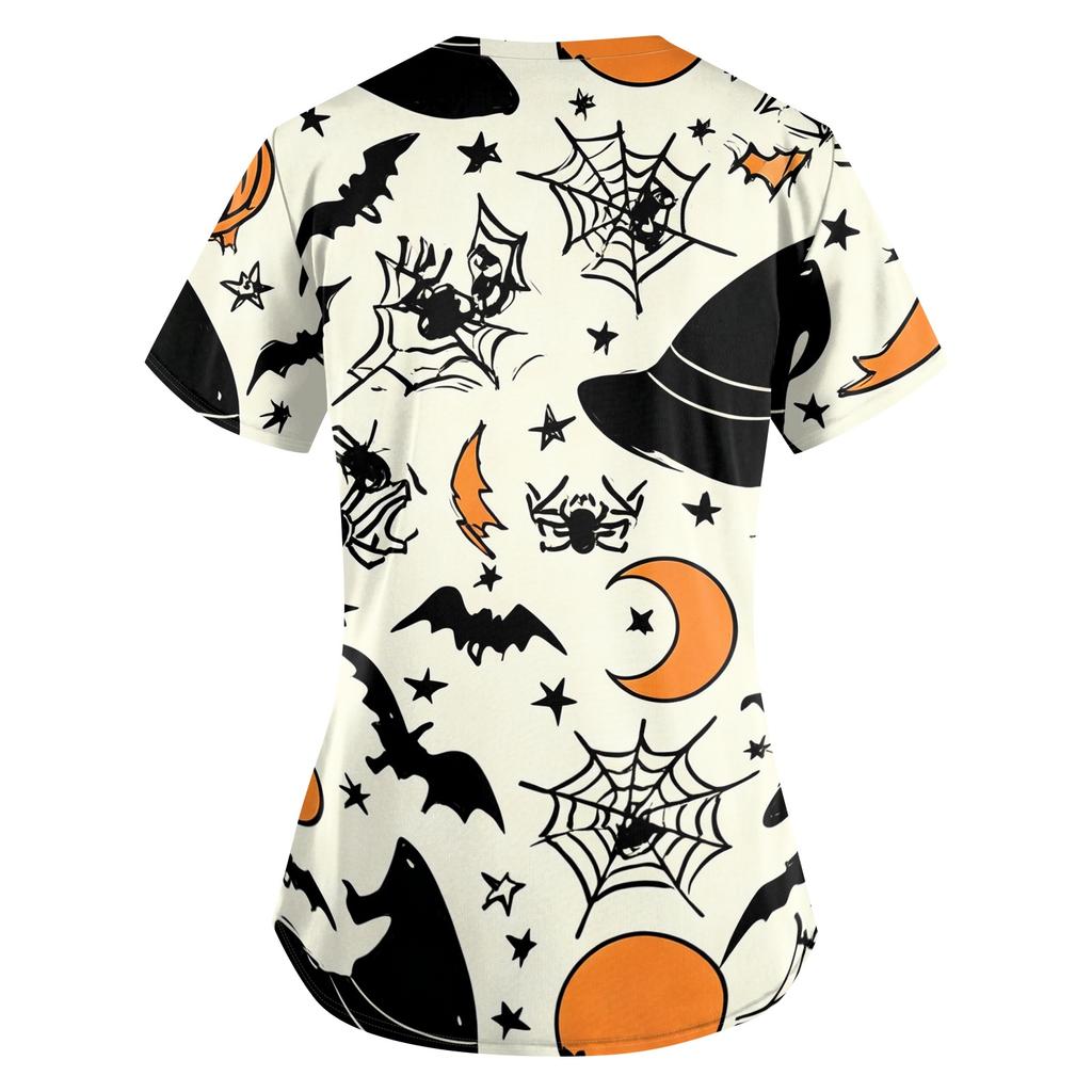 Women's Halloween Print Loose Fit V Neck Short Sleeve Medical Scrub Top Nurse Uniform Work Shirt with Pockets for Caregivers