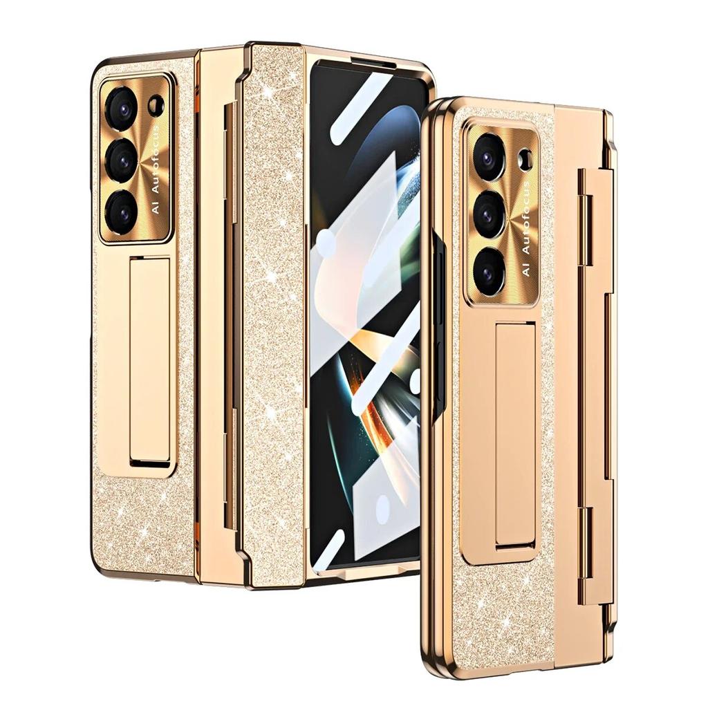 Luxury Plating Leather Bracket Hinge Protection Case for Samsung Galaxy Z Fold 5 4 3 Case with Screen Protector Cover