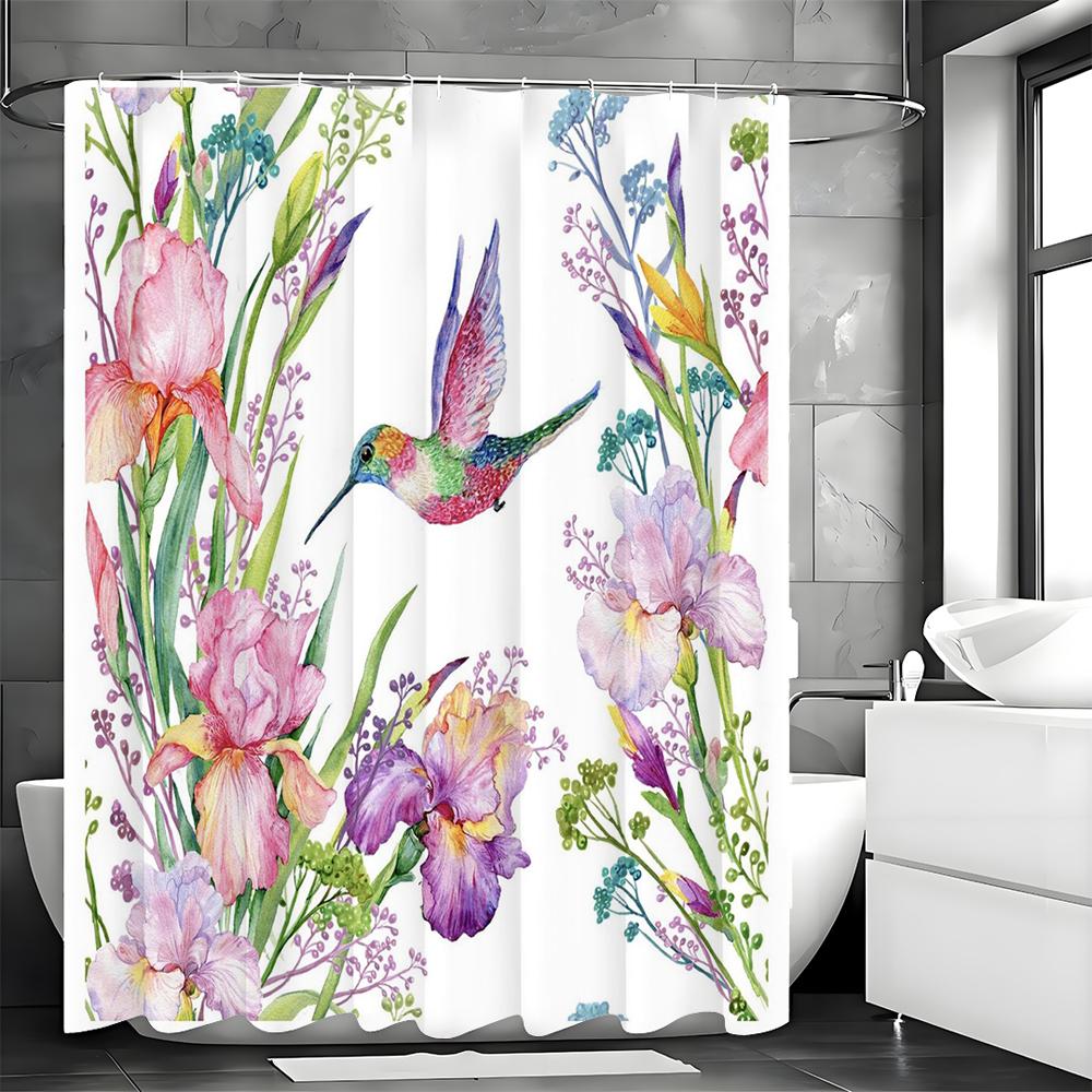 

Purple Floral Hummingbird Shower Curtain, Bathroom Decorative Shower Curtain, Waterproof Shower Curtain with Hooks 90*180cm