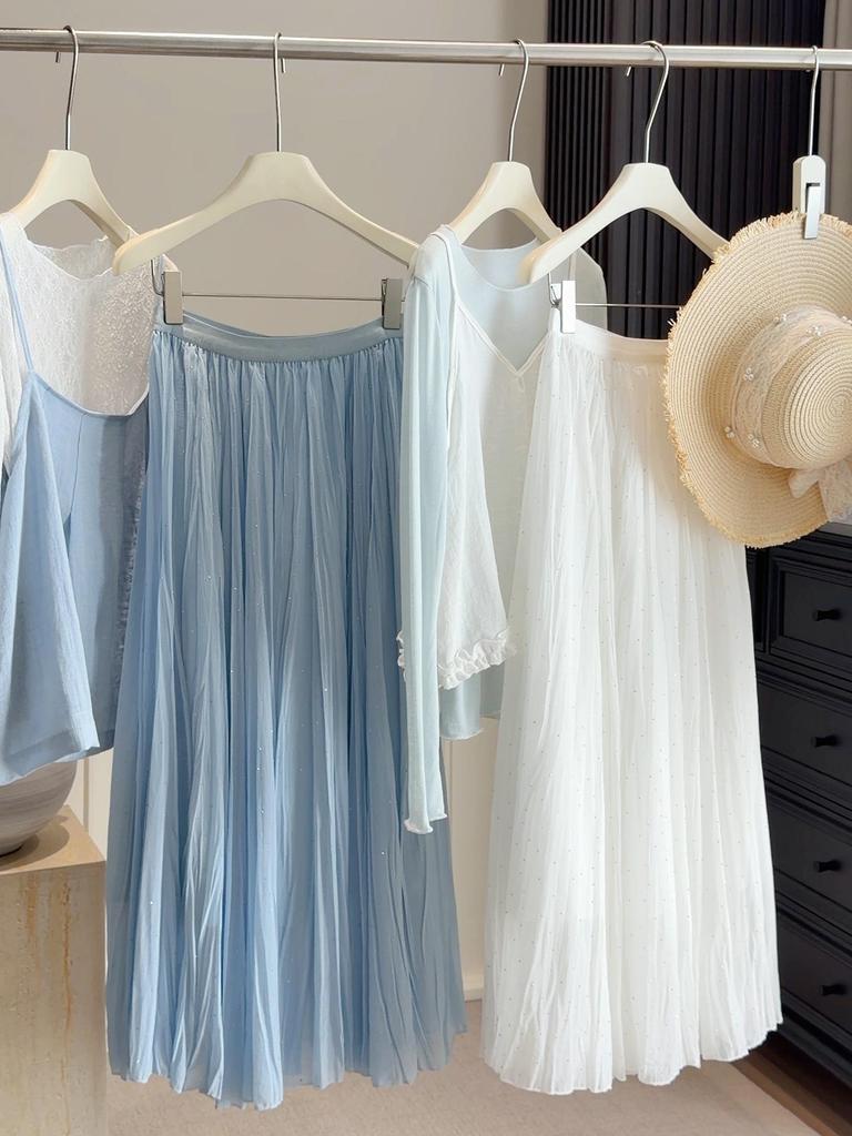 Ethereal Hot-Fix Pleated Chiffon A-Line Skirt for Women, Spring 2026 - Slimming with Large Hem Design