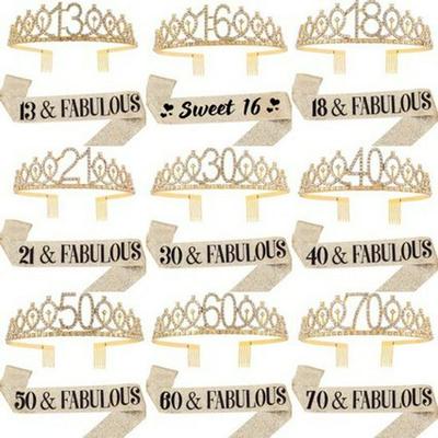 Golden Glitter Birthday Sash & Crown Set, Ages 18-80
